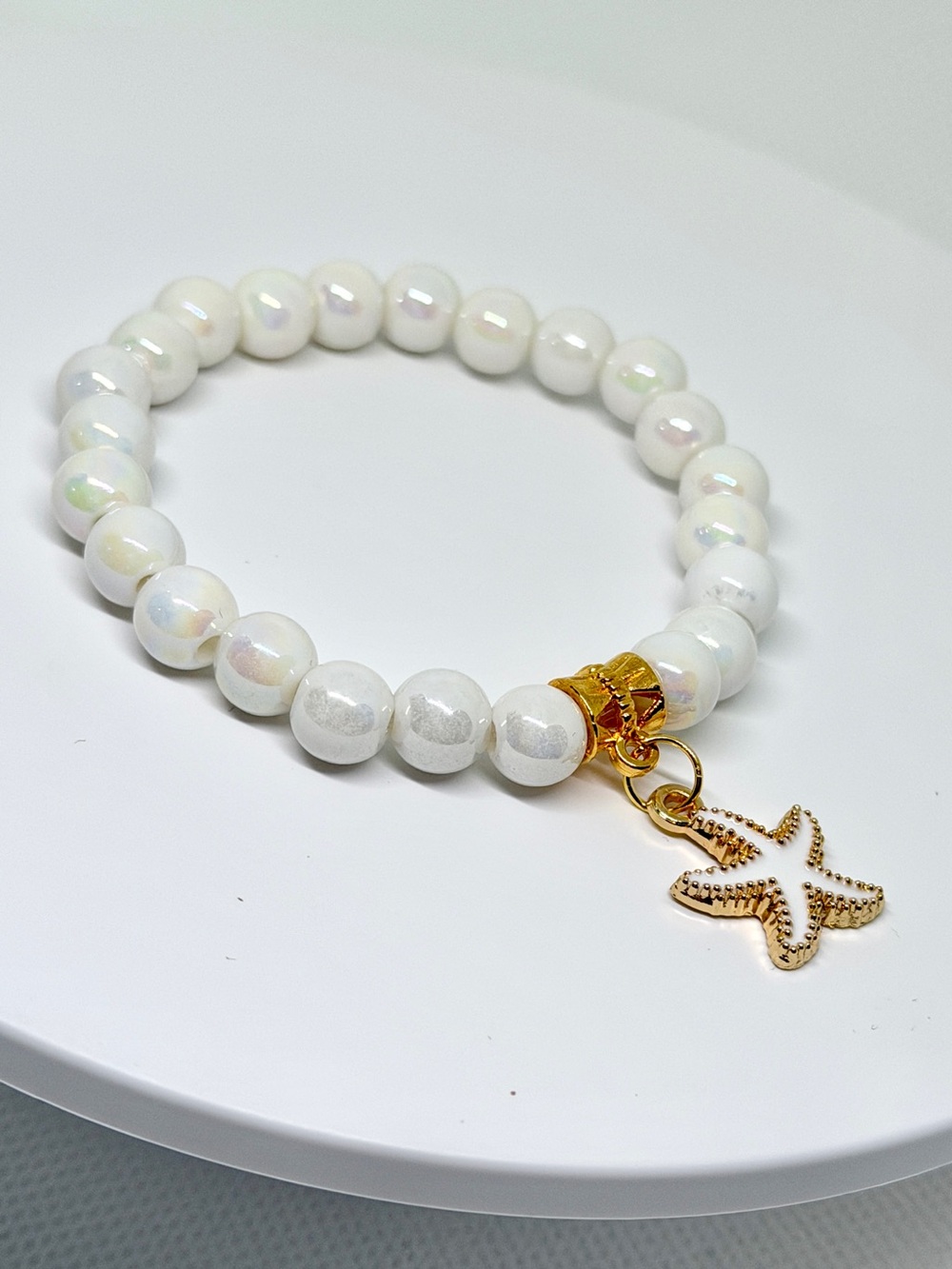 Hand Crafted White Beaded Bracelet with Gold Starfish Charm